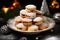 mince pies stacked on festive serving plate