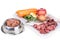 Minced barf raw food recipe ingredients for dogs consisting meat, organs, fish, eggs and vegetable