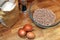 Minced lamb, onion, eggs, flour and pepper ready to make rissole