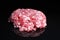 Minced meat. Raw pork meat on black reflective studio background. Isolated black shiny mirror mirrored background for every concep