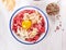 Minced meat whit soaked bread, egg and onion in a white enamel bowl