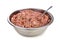 Minced preparation of barf raw food recipe for dogs consisting meat, organs, fish, eggs and vegetable