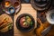 Mincemeat in black bowl with chopped garlic, chili, ginger and herbs on dark kitchen table background with sesame and soy sauce in