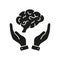 Mind Care Cpncept. Human Brain in Side View with Hands Silhouette Icon. Neurology, Psychology Glyph Pictogram