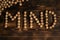 Mind inscription made from walnuts on a wooden background.