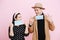 Mindful young couple in love putting on single use medical masks.