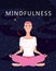 Mindfulness concept Woman in yoga pose meditation. Open brain mental calm mind, releasing stress. Vector illustration