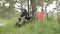 Mine clearance. Soldier with mine detector and backpack sits exhausted by a tree after heavy demining