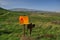 Minefield danger mines yellow warning sign on a barbed wire fence in the Golan Heights, Israel