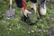 Miner digs a mine. Demining of the territory. the guys digs a mine on a minefield. service in army. hazardous work