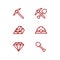 Miner mining icon with helmet, shovel, pickaxe, diamond, and gold outline icon set