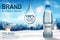 Mineral water ad, plastic bottle with pure mineral liquid on snow with mountain background. Transparent Drinking water