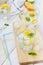 Mineral water with limes, oranges, lemons, ice and mint with straws