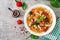 Minestrone, italian vegetable soup with pasta. Vegan food.