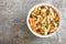 Minestrone soup. Vegetable soup with fresh tomato, celery, carrot, zucchini, onion, pepper, beans and pasta. Dish of italian cuisi