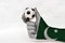 Mini ball of football in Pakistan flag painted hand, hold it with two finger on white background.
