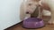 a mini bull terrier puppy drinking water from a purple bowl