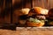 Mini burger on a stand close-up. Children fast food in a restaurant or cafe. Macro photo of burger ingredients with meat and