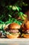 Mini burger on a stand close-up. Children fast food in a restaurant or cafe. Macro photo of burger ingredients with meat and