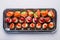 mini canapes with smoked salmon top view, flat lay