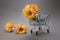 Mini cart with bouquet of yellow and orange chrysanthemum