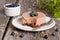 Mini-cheesecake and chocolate biscuits and blueberries