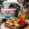 Mini cheesecakes sit in front of traveling teahouse