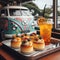 Mini cheesecakes sit in front of traveling teahouse