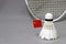 Mini China flag stick on the white shuttlecock on the grey background and out focus badminton racket
