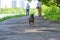 Mini Doberman stands on the asphalt color