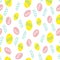 Mini easter eggs with leaves seamless pattern on a white background