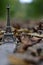 The mini Eiffel tower covered with leaves