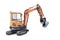 Mini excavator on a white isolated background. Compact construction equipment for earthworks. Close-up