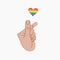 Mini Finger Heart sign with heart in lgbt colors. The fingers folded into a heart symbol in line style. Asian symbol hand heart.