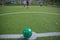 Mini Football Goal On An Artificial Grass . Inside of indoor football field . Mini soccer ball