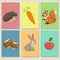 Mini game cards. Cute animals and their food. Hedgehog, apple, squirrel and hazelnuts, hare bunny and carrot. Educational illust