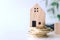 Mini house model on gold coin with clean white copyspace background. Business invest property saving