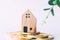 Mini house model on gold coin with clean white copyspace background. Business invest property saving