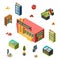 Mini market concept. Grocery store isometric vector illustration. Market building, counters, customer