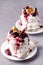 Mini Pavlova Cake with Figs and Berry Tasty Dessert Pavlova on White Plate Gray Background Vertical Meringue