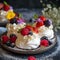 Mini Pavlova cake with raspberry and blueberry