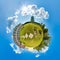 Mini planet Earth. Little planet earth with 360 viewing angle. Globe panorama of world. Summer little planet with trees, green