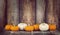 Mini pumpkins in a row on rustic background