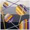 Mini quilt with orange-purple circles and intersecting lines on gray-black background