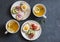 Mini sandwiches with cream cheese, vegetables, quail eggs, salami and green tea with lemon and thyme. Sandwiches with cheese, cucu
