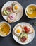 Mini sandwiches with cream cheese, vegetables, quail eggs, salami and green tea with lemon and thyme. Sandwiches with cheese, cucu
