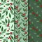 Mini-set of seamless patterns with foliate cranberry branches; ripe cranberries.