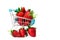 Mini shopping cart and fresh strawberries inside on white background