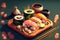 Mini sushi set with rolls rice pasta miso on tray
