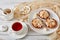 Mini tarts with browned meringue peaks, close-up